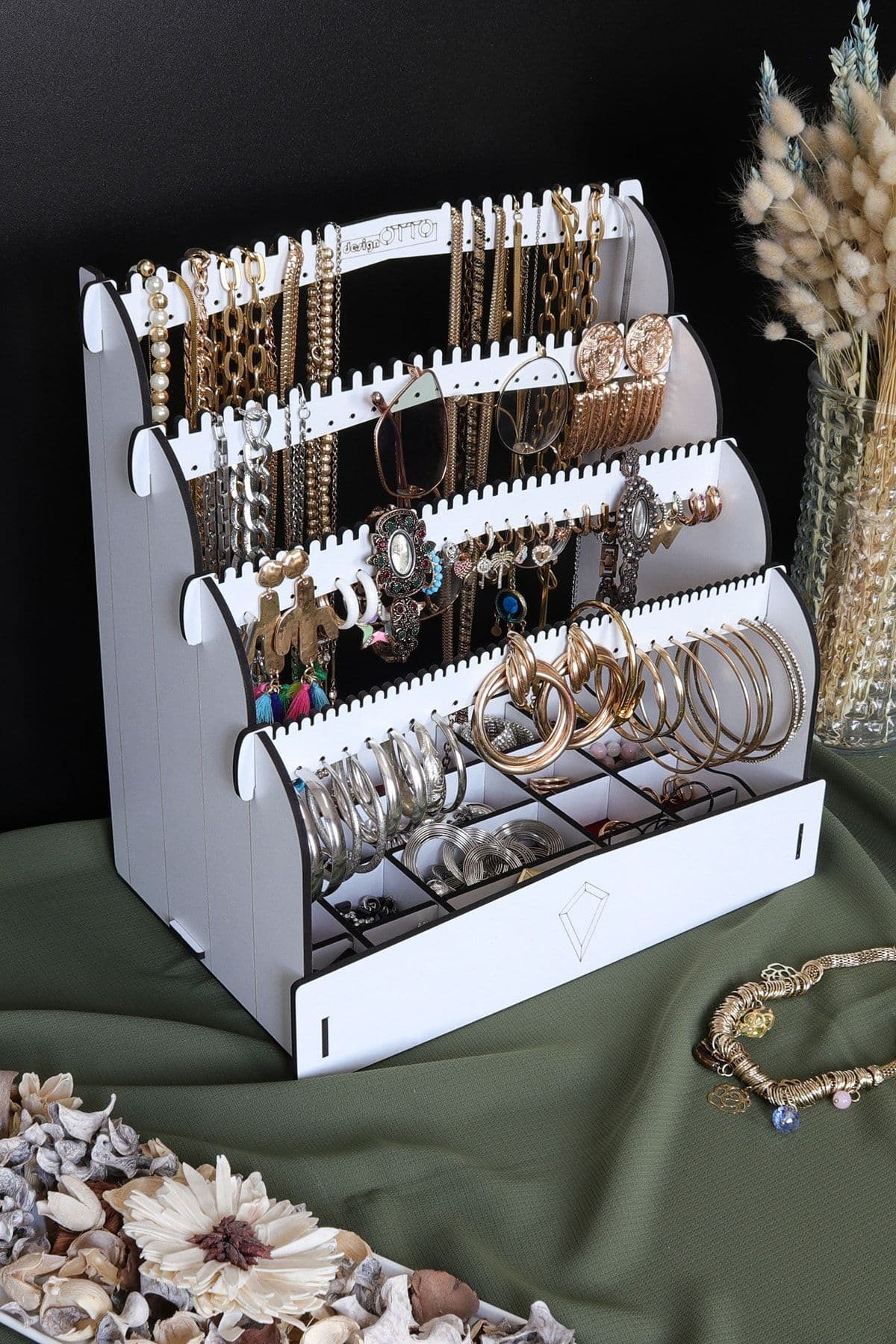 Design OTTO Diamond Small Organizer Kozmetik Makyaj Kolye Küpe Yüzük Takı Kutusu Düzenleyici Beyaz