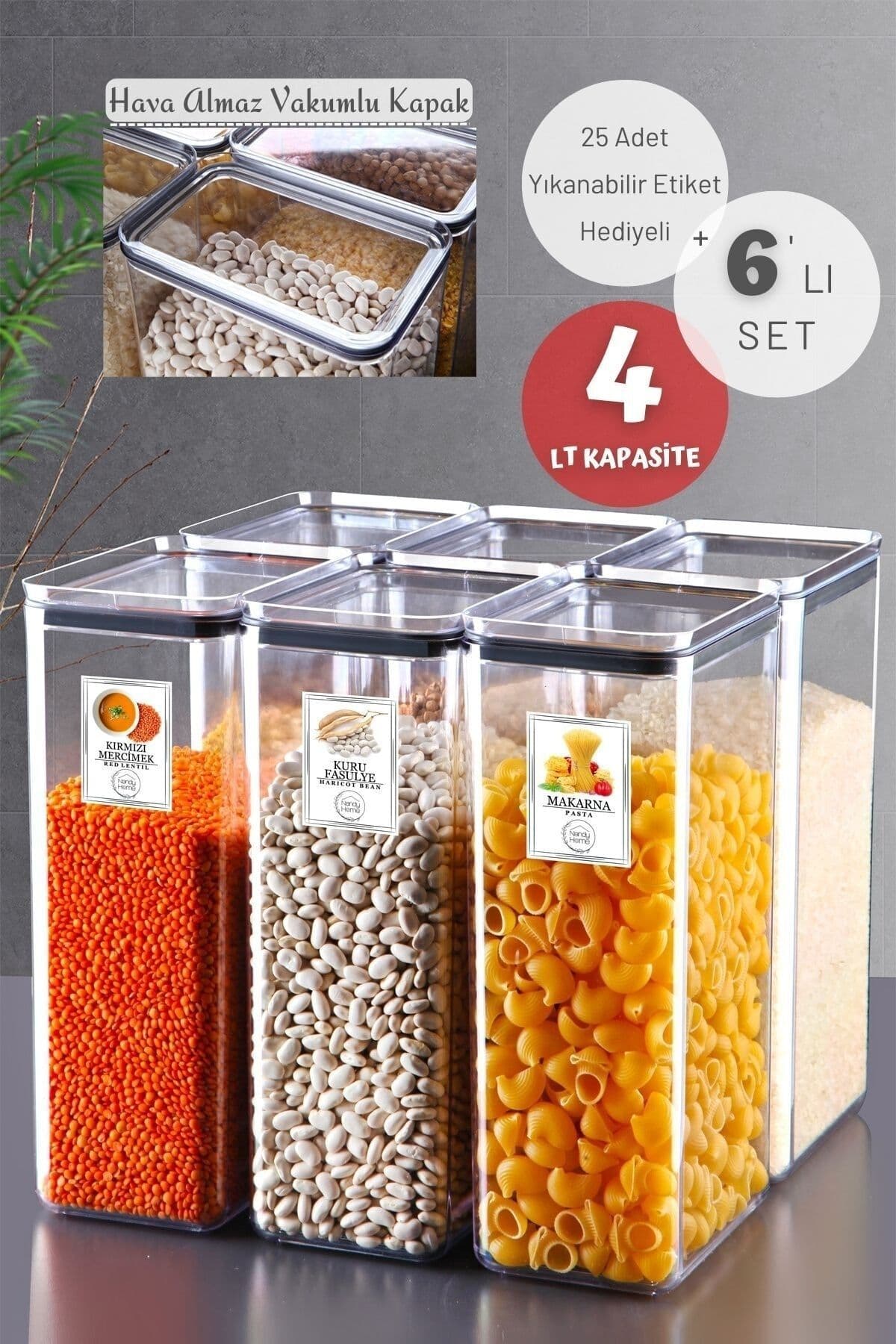 Nandy Home 6'lı Set Etiketli Silikon Contalı Dikdörtgen Erzak Saklama Kabı Seti 4 lt Şeffaf