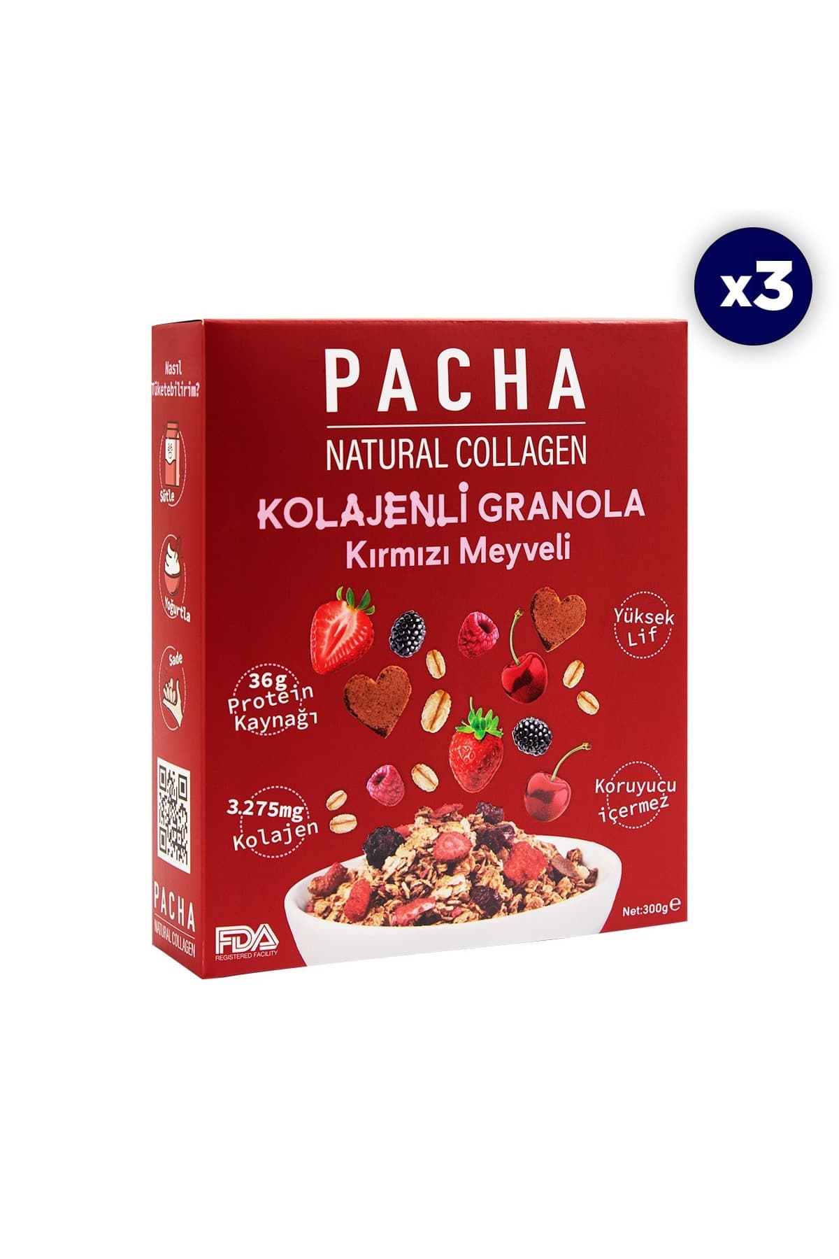 PACHA Kırmızı Meyveli Kolajenli Granola - 3'lü Paket