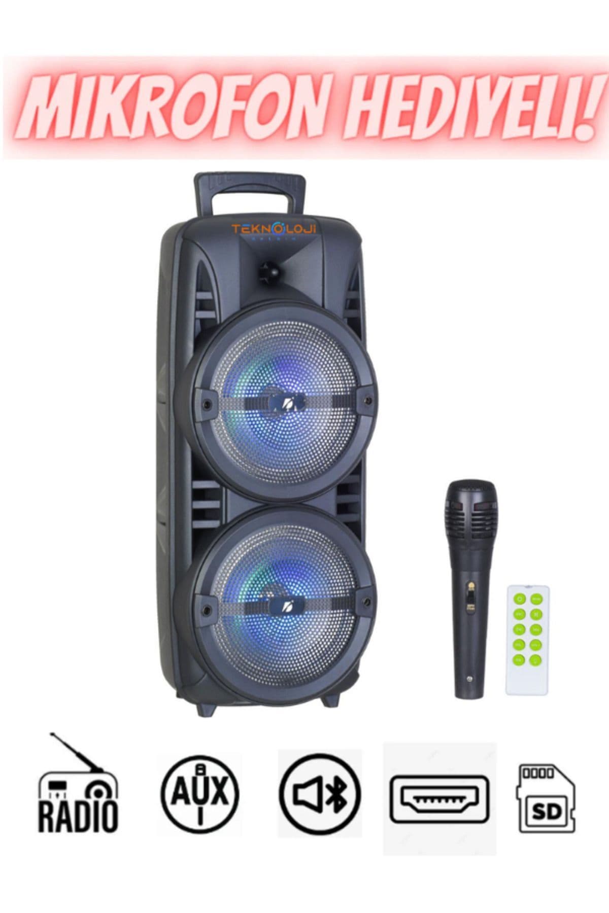 Teknoloji Gelsin Bluetooth Hoparlör Ultra Büyük 8 inç*2 Çift Parti Hoparlör Işıklı Mikrofonlu 60cm Speaker Aux/Fm/Usb