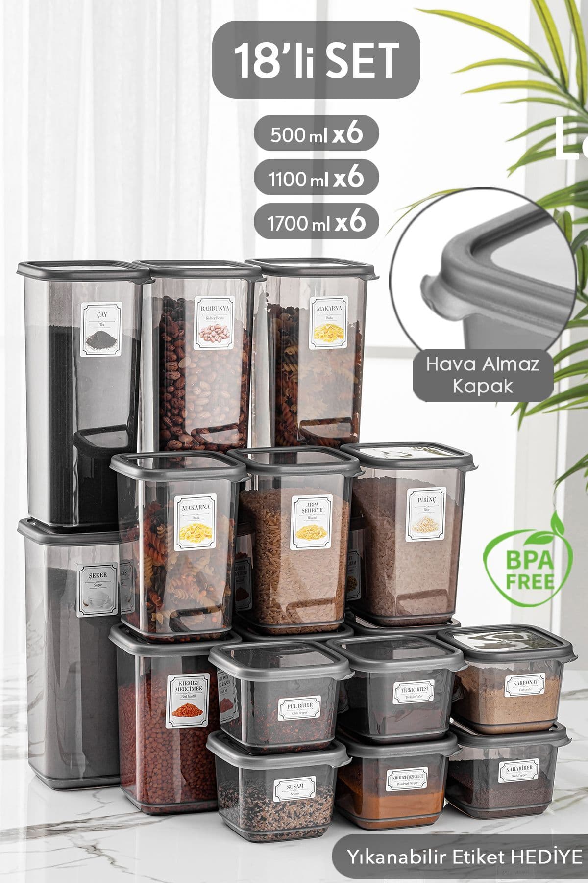 Meleni Home 18'li Set Kapaklı Kare Erzak Saklama Kabı Antrasit 6x(0,50 LT-1,10 LT -1,70 LT) Etiketli Baharatlık