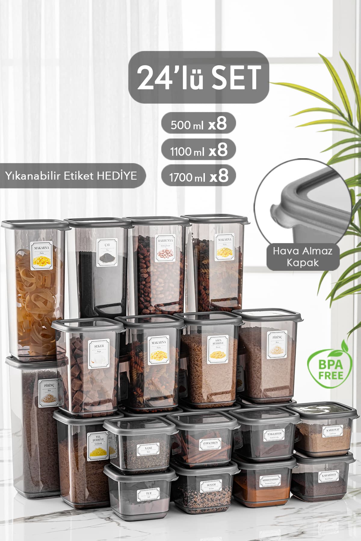 Meleni Home 24'lü Mega Set Pino Kare Erzak Saklama Kabı Seti Antrasit 8x(0,50 LT-1,10 LT -1,70 LT) Etiketli
