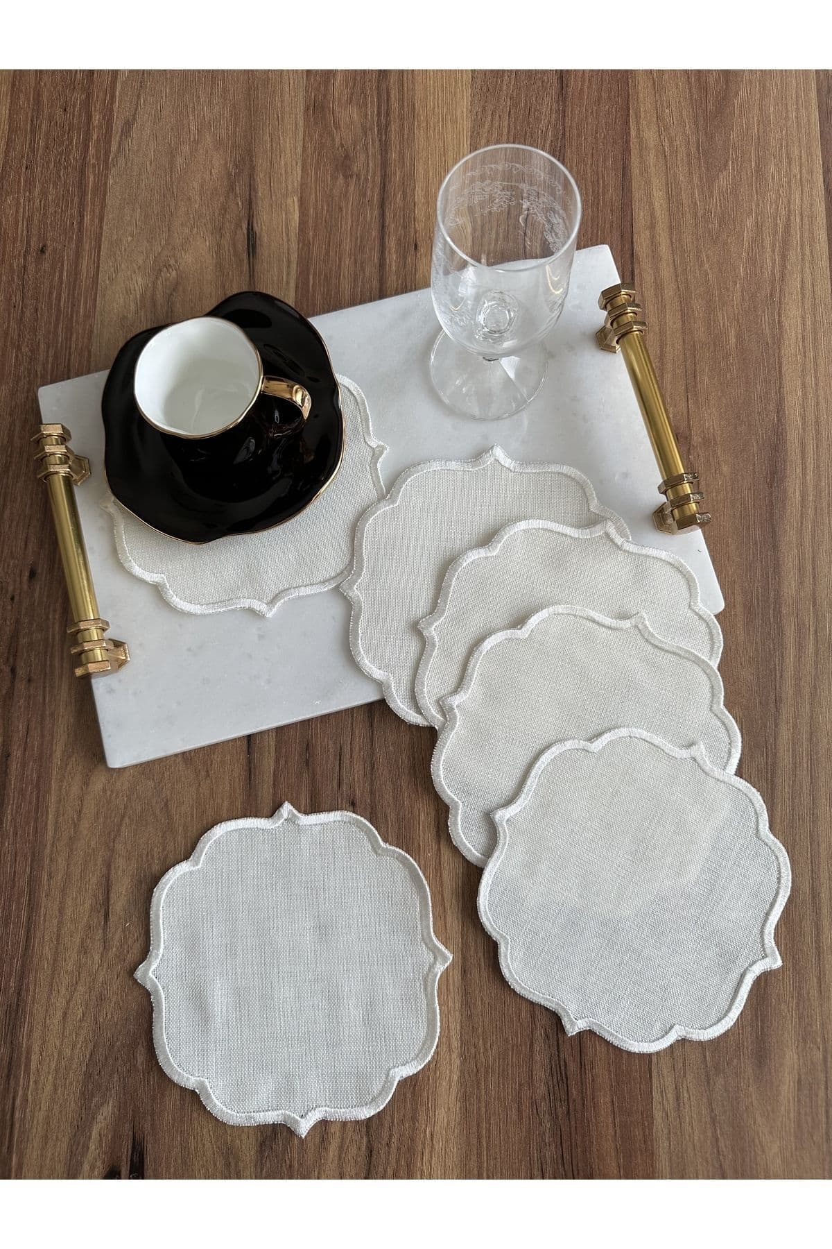 Nurhanhome 6 Adet Premium Keten Kumaş Kenarları Nakış İşleme Kahve Yanı Kokteyl Sunum Peçetesi