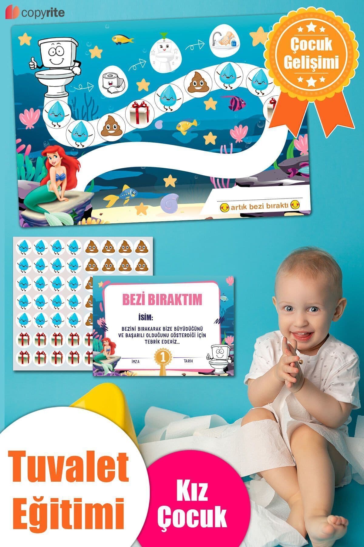 Copyrite Kız Eğlenceli Ve Eğitici Tuvalet Eğitimi Stickerli Su Geçirmez Pvc Pano