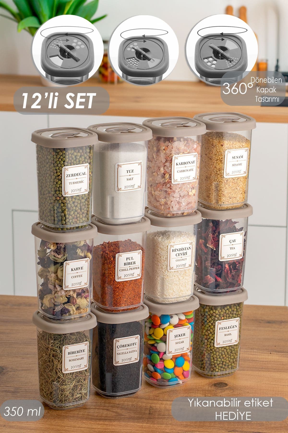 Porsima 1061 12li Kilit Kapak Etiketli Baharatlık Seti-baharatlık-saklama Kabı-350ml