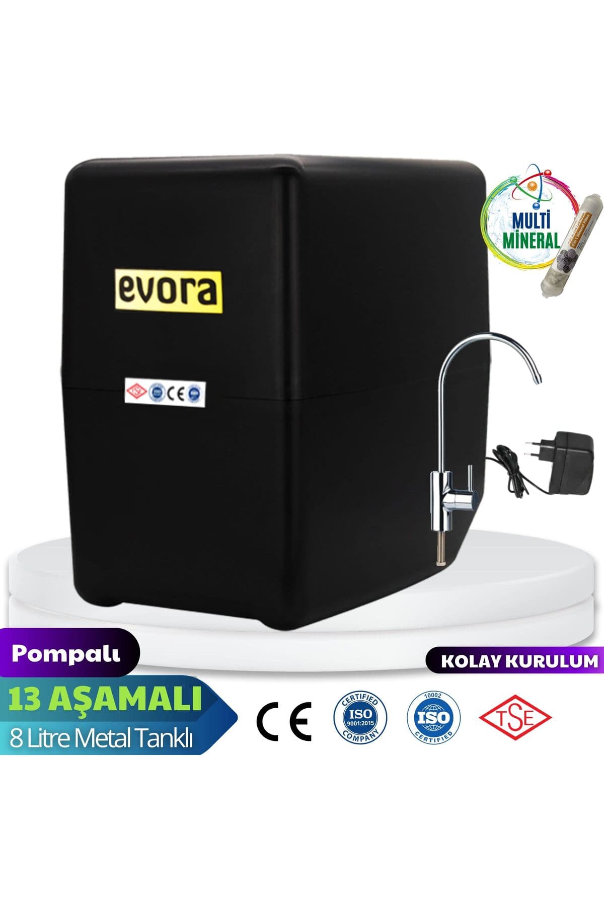 Evora 13 Aşamalı 8 Lt Çelik Tanklı Pompalı Multimineralli Su Arıtma Cihazı Premium Seri