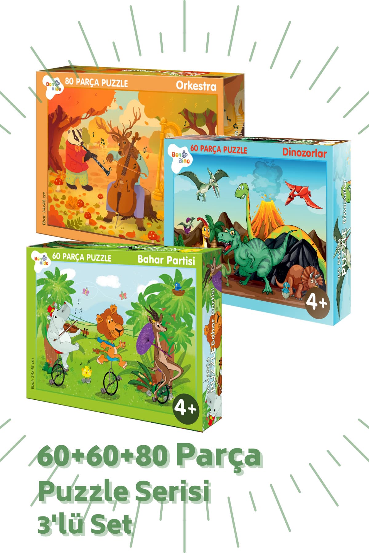 Bonkido 3 'lü Puzzle Set - 60, 60 Ve 80 Parça Puzzle 4+yaş