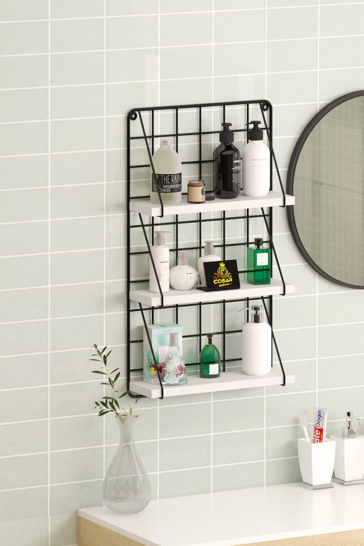 Cosargroup 3 Katlı Dekoratif Duvar Rafı Metal Banyo Rafı Banyo Makyaj Organizer Ahşap Raf Düzenleyici Beyaz
