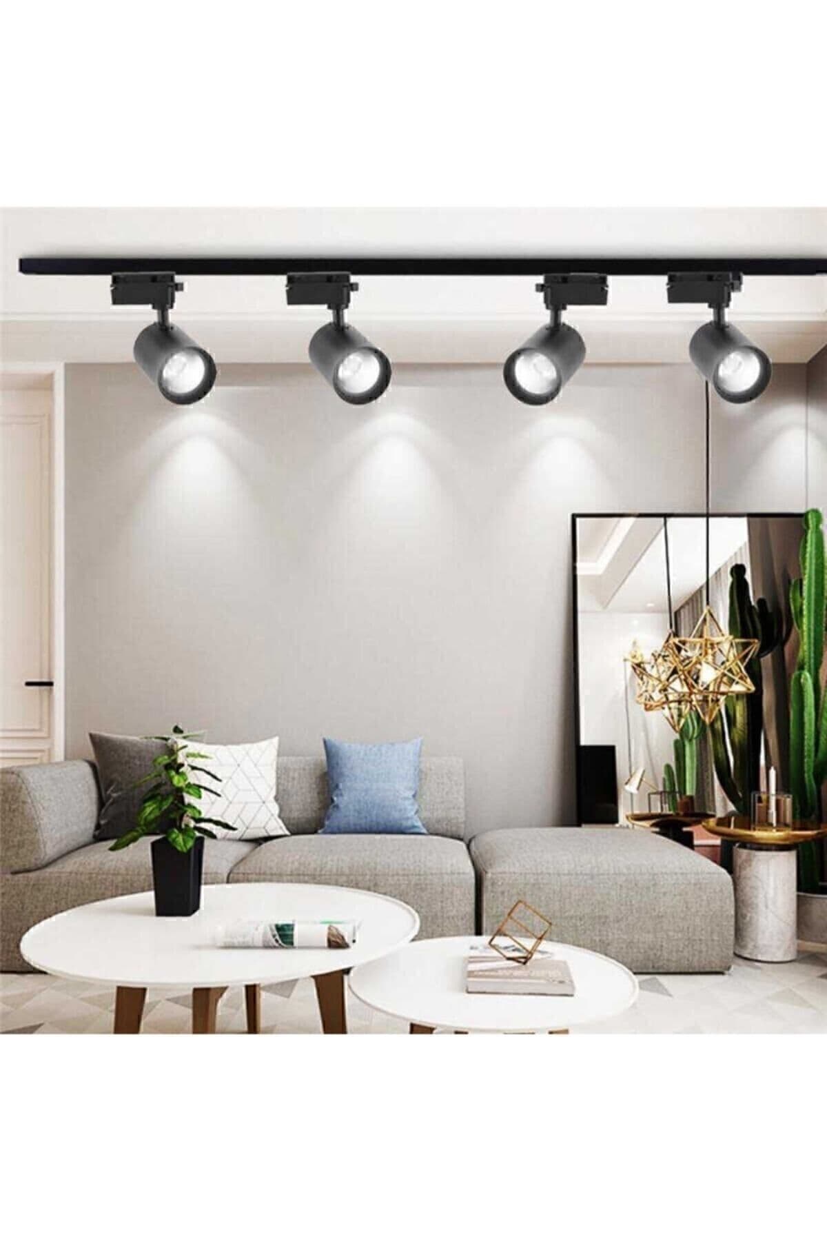Genel Markalar Led Siyah Kasa Beyaz Işık //4 Adet 360 Derece Dönen //led Ray Spot Lamba/// 1 Metre Raylı Armatür