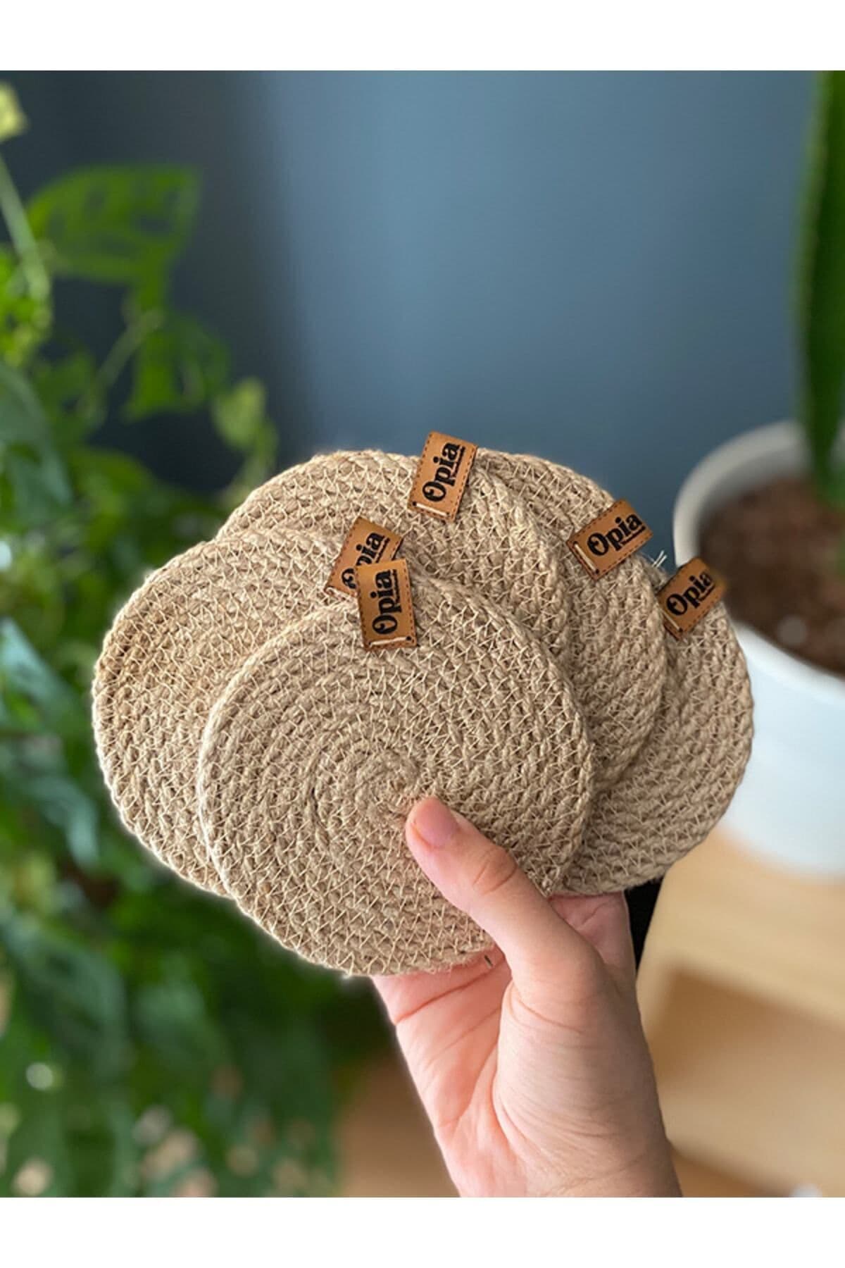 Handmade Opia 5'li Hasır Jüt Bardak Altlığı, %100 El Yapımı, Jüt, Hasır, Vegan (5'Lİ SET)