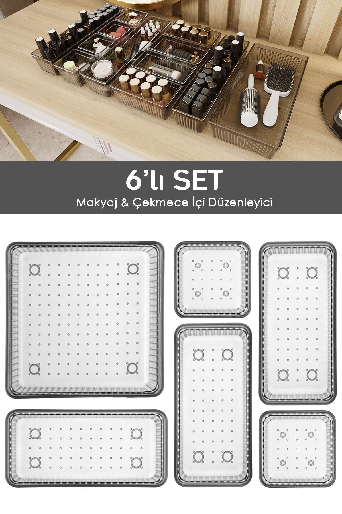 Meleni Home 6'lı Çekmece İçi Organizer - Kozmetik Takı Makyaj Organizeri Dolap İçi Düzenleyici - Antrasit