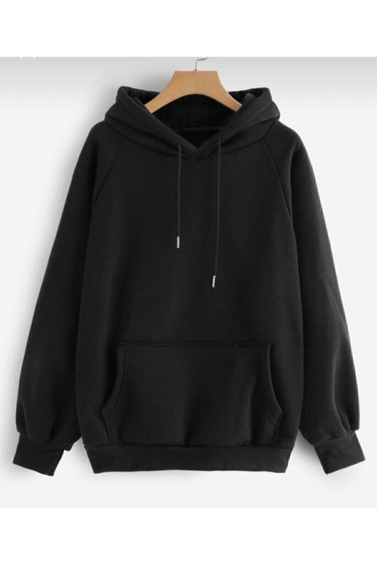 blackjack giyim Unisex Düz Siyah Kapüşonlu Sweatshirt