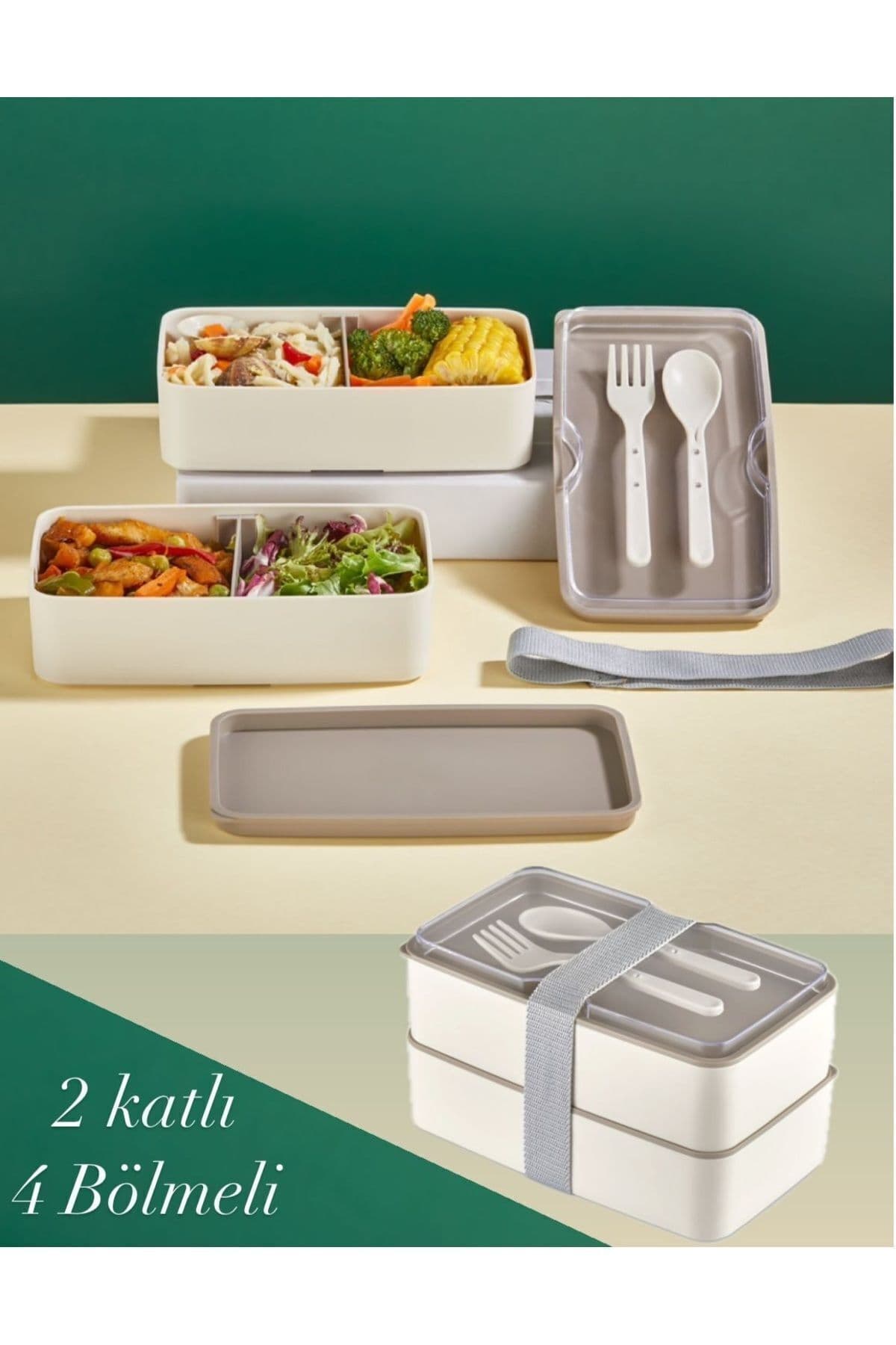 Bayev Lunch Box 2 Katlı Krem Çatal Kaşıklı Saklama Kabı 1003 Beslenme Kutusu Bölmeli Yemek Kutusu