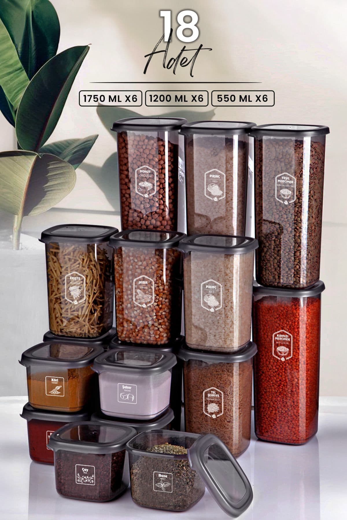 Kitchen Life 18'li Etiketli Square Kare Erzak Saklama Kabı Seti x6(550ml-1200ml-1750ml) Sert Kapaklı Kavanoz