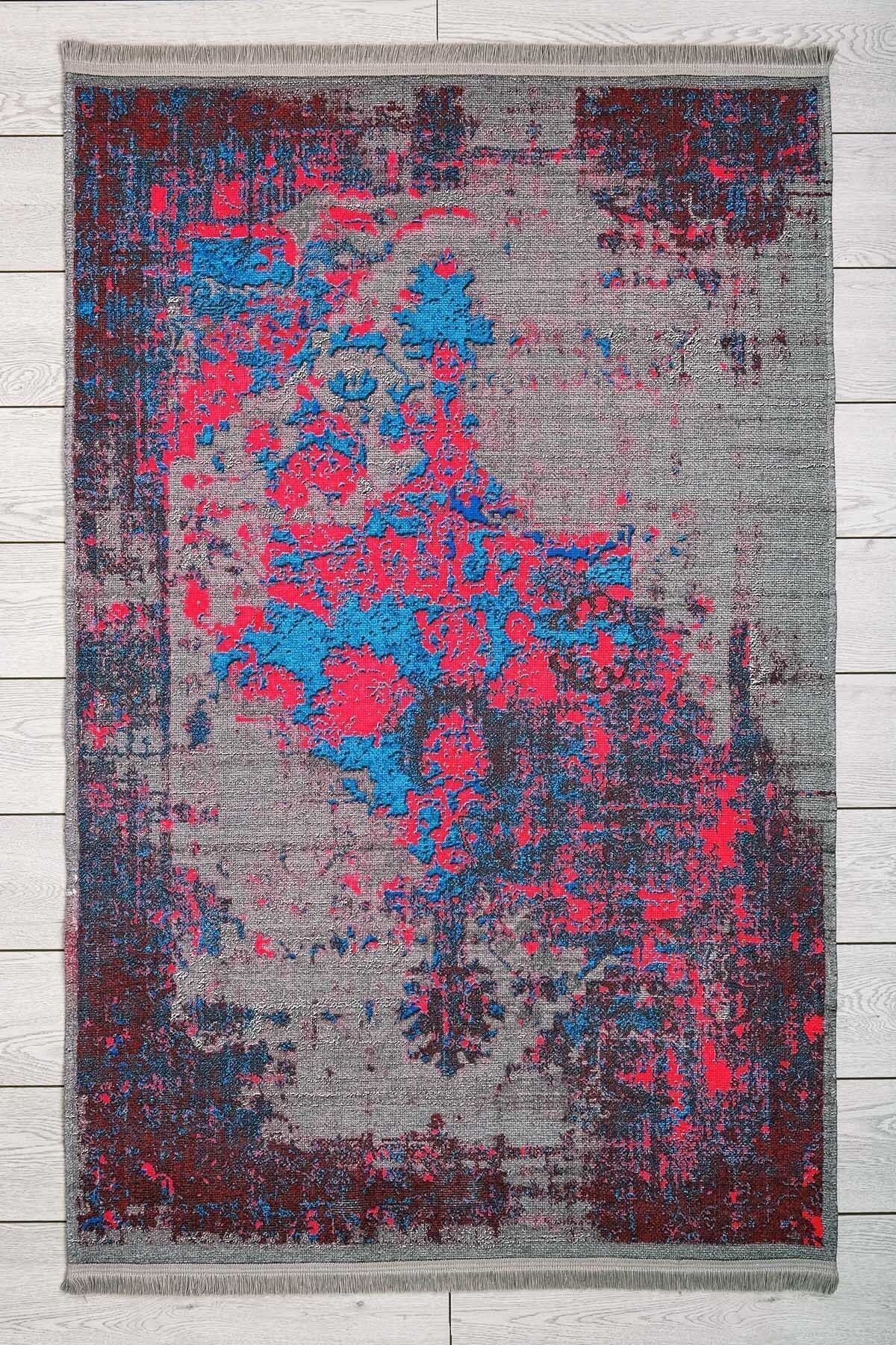 Oriente Home Abstract Desenli Mor Yıkanabilir Şönil Dokuma Saçaklı Kaymaz Taban Salon Halısı 7401