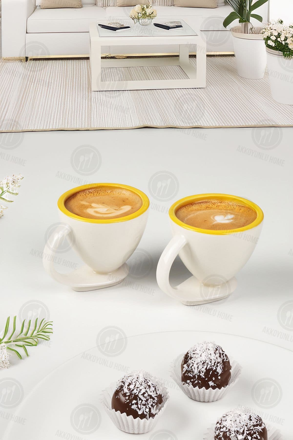 Sezka Life 2 li Porselen Kahve Fincanı Takımı Kendinden Tabaklı Kupa Takımı Sarı Yaldızlı