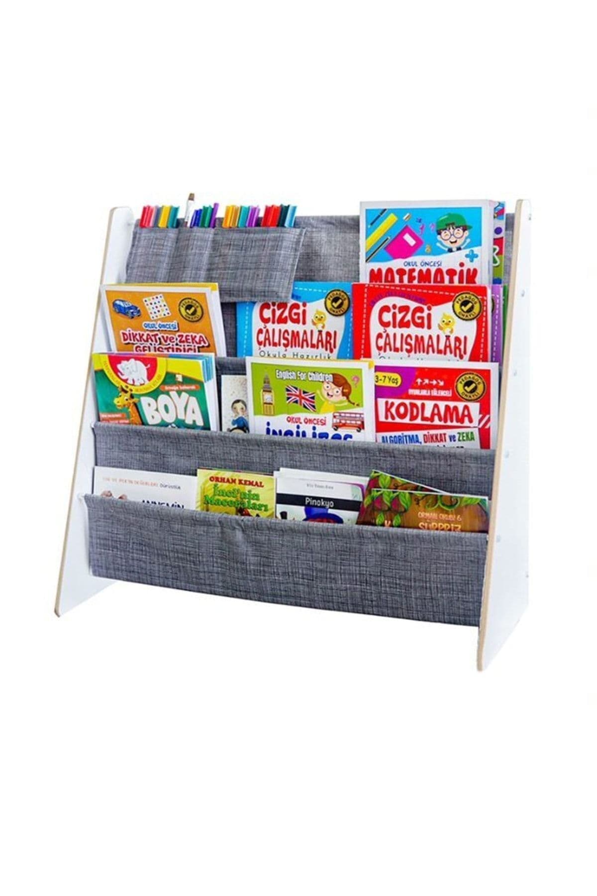 ATA HOME Montessori Ana Sınıfı Kreş Okul Çocuk Odası Kitaplığı Ahşap Kumaş Kitaplık Yıkanabilir Kumaş Gri