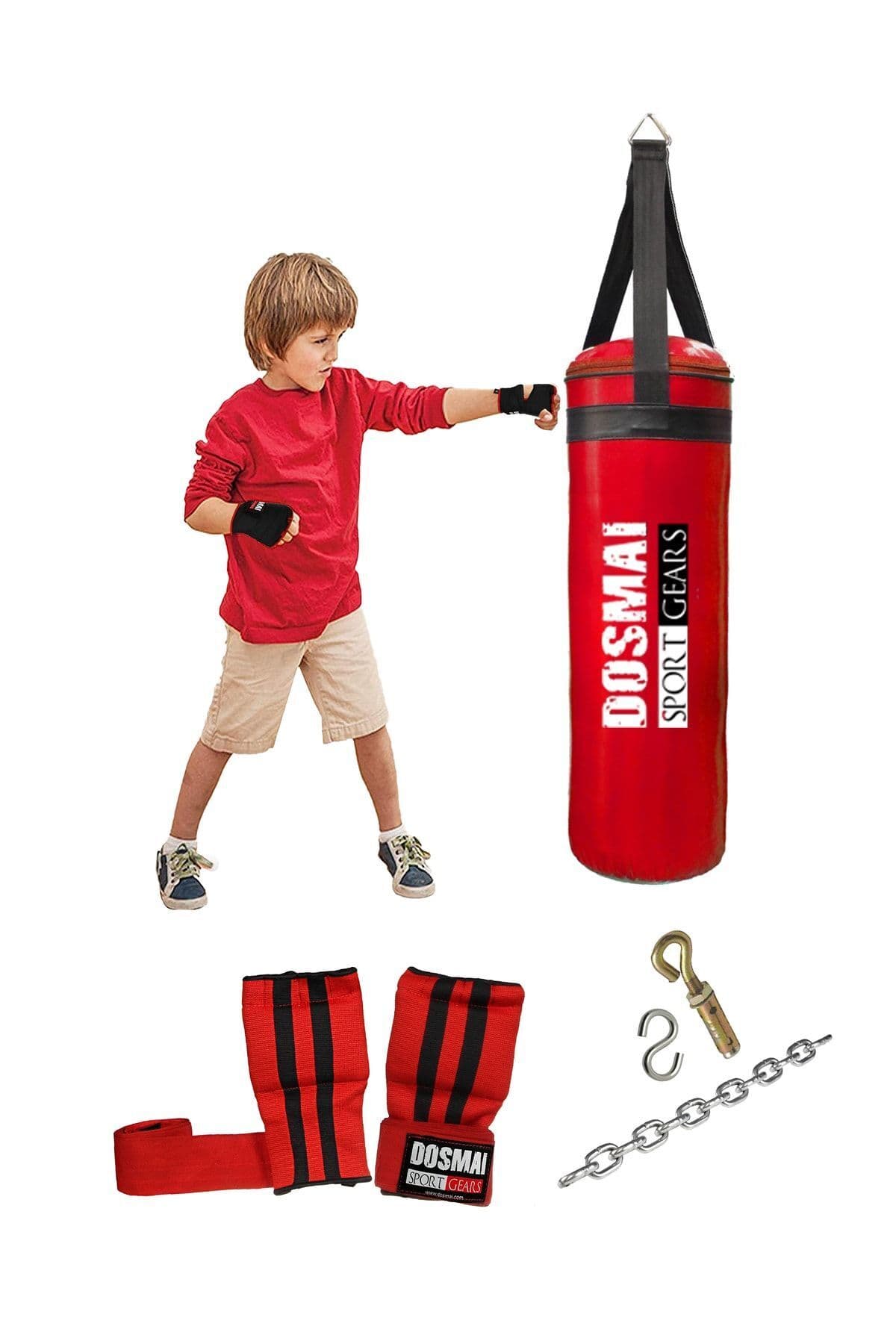 DO-SMAI Kum Torbası 60*20 Cm Bandajlı Eldiven Ikili Çocuk Boks Seti Çbs992