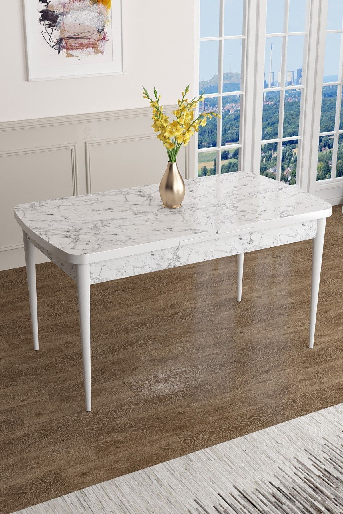 Canisa Concept Canisa Kor Serisi 70x114 Açılabilir Beyaz Mermer Desen Mutfak Masası, Yemek Masası