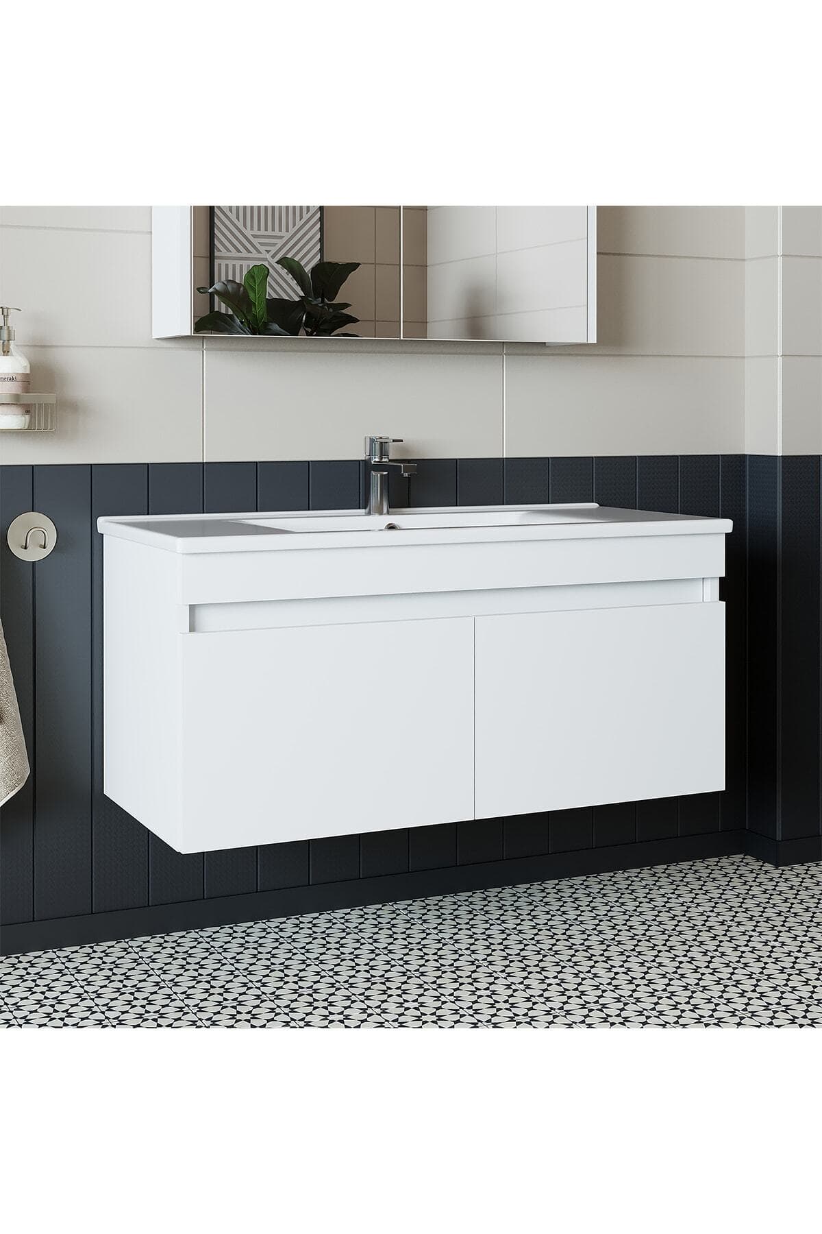 banos Roomart Ld3 Ayaksız 2 Kapaklı Lavabolu Beyaz Mdf 100 Cm Banyo Dolabı