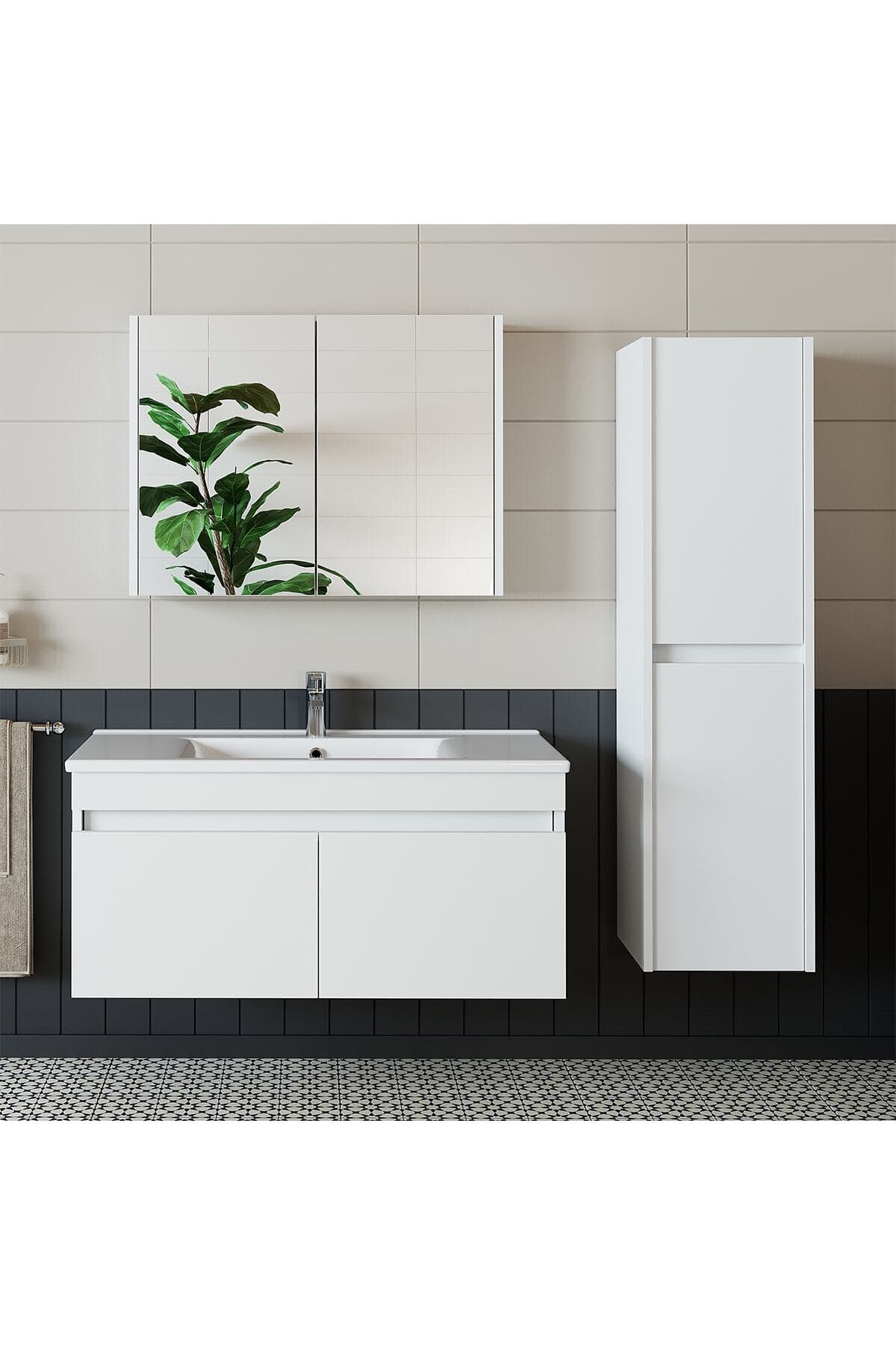 banos Roomart Tm3 Ayaksız 2 Kapaklı Lavabolu Beyaz Mdf 100 Cm Banyo Dolabı Aynalı Üst Dolap Boy Dolabı