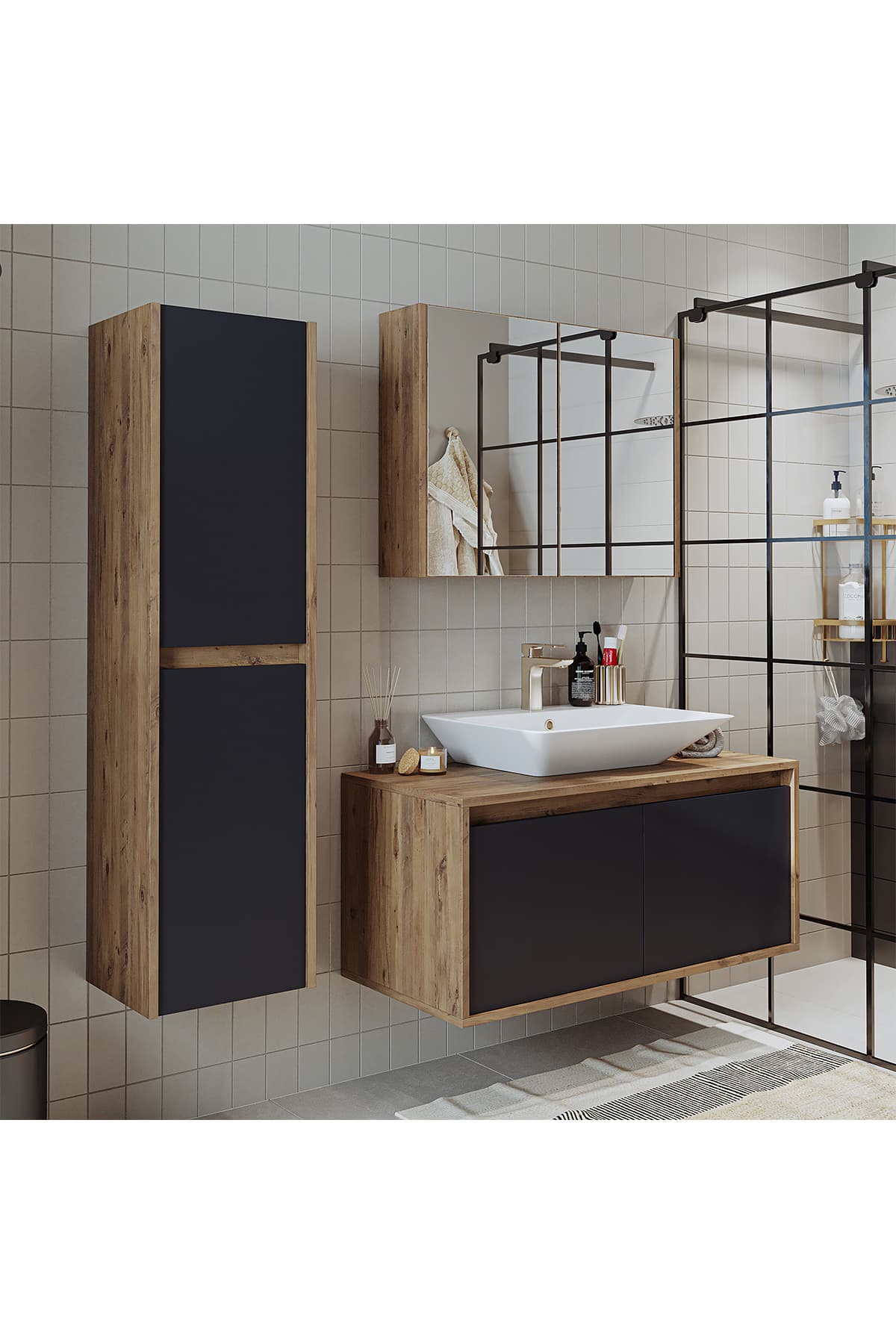 ROOMART Roomarttm7.3 Lavabolu Ahşap-antrasit Mdf 100cm Banyo Dolabı+aynalı Banyo Üst Dolabı+banyo Boy Dolabı