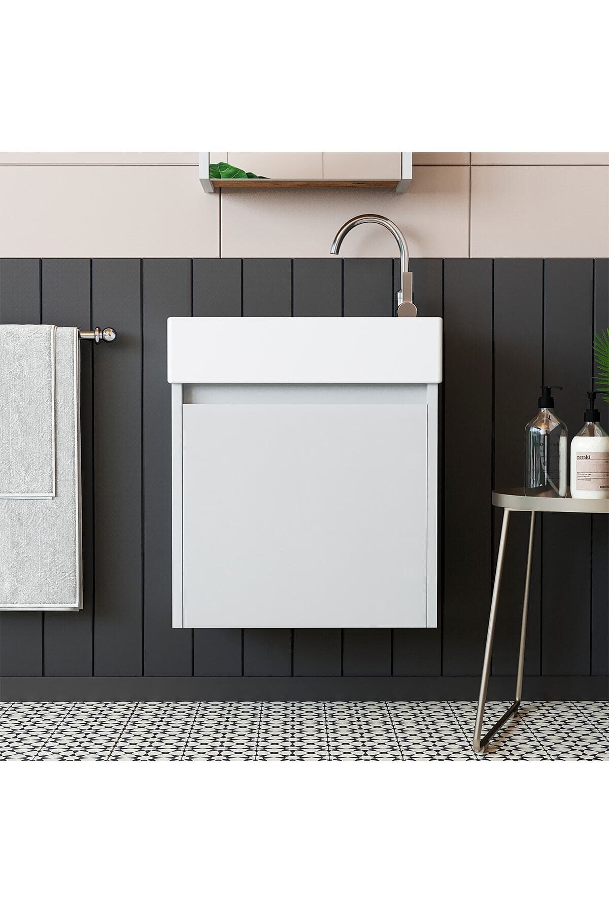 ROOMART Ayaksız Tek Kapaklı Lavabolu Beyaz 50 Cm Banyo Dolabı