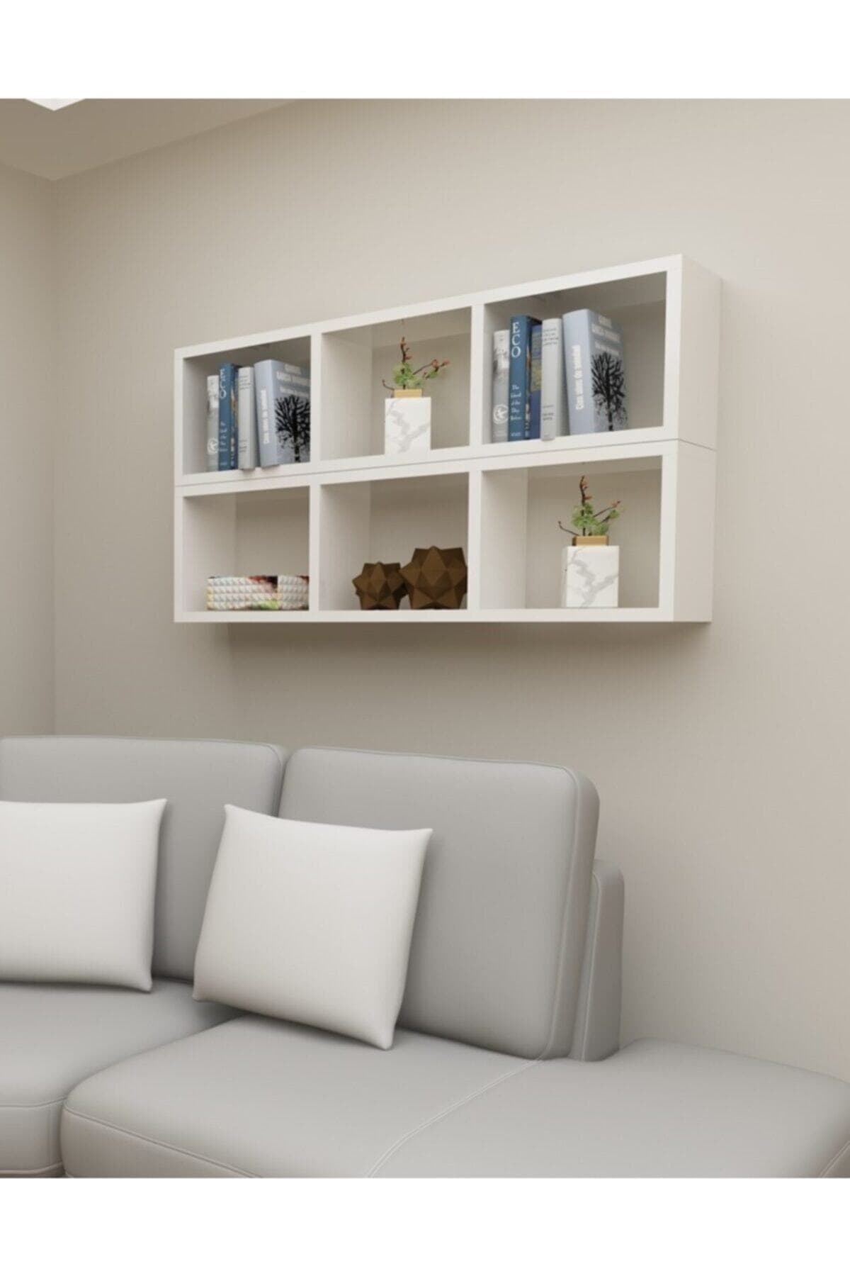 Dekormer Design Kitaplık Yan Beyaz Renk Duvar Rafı Ikili Takım
