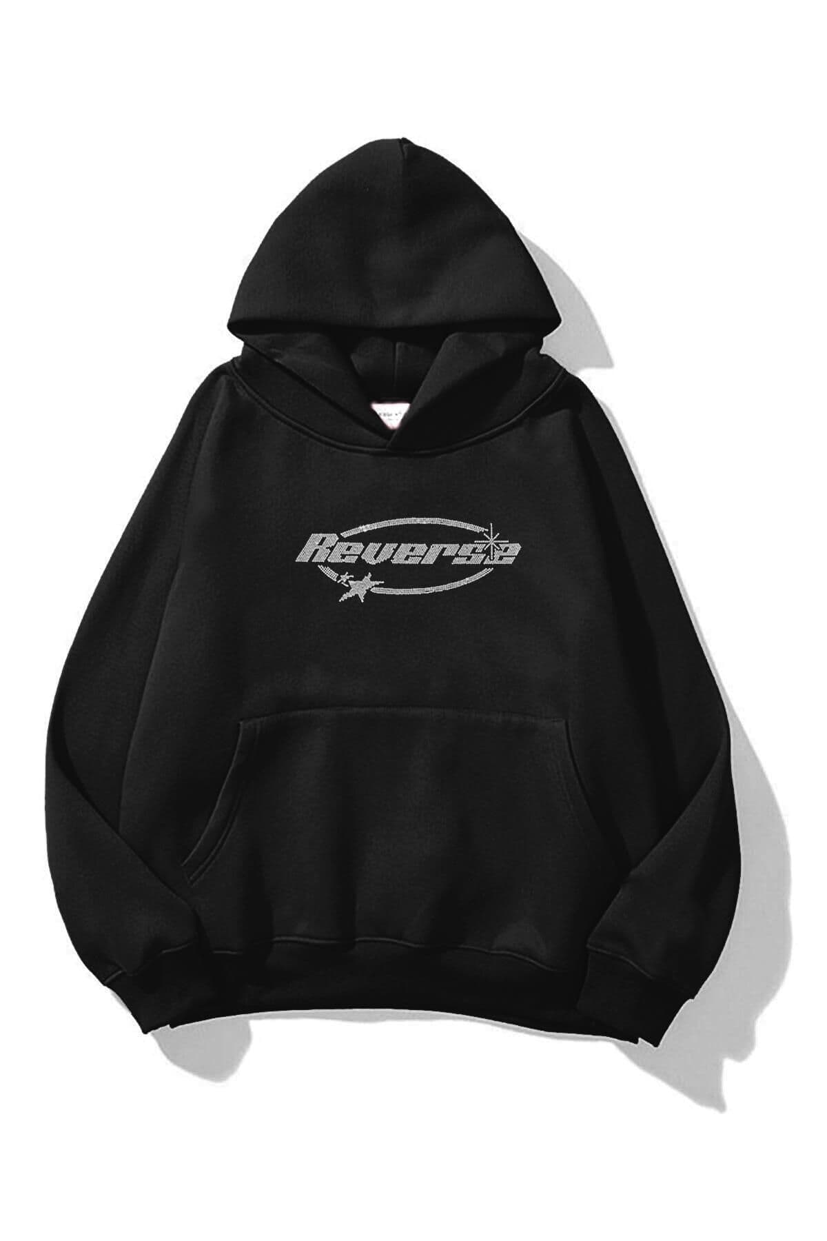 MODARİCH Reverse Tasarım Sweatshirt - Siyah Baskılı Oversize Şardonlu Kapüşonlu