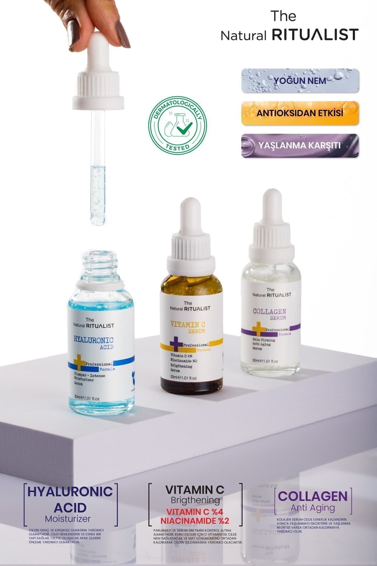 The Natural Ritualist 3'lü Cilt Bakım Serum Seti ( Hyaluronic Acid + C Vitamini + Collagen Serum )