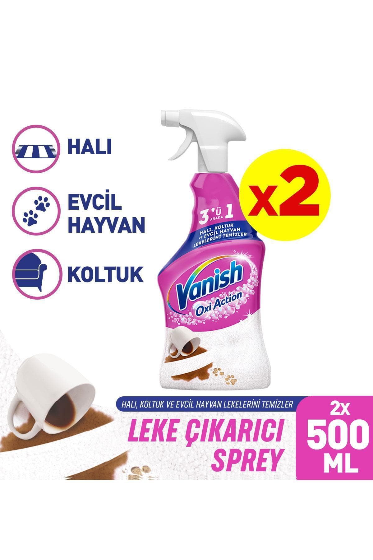 Vanish Oxi Action Halı, Koltuk Ve Evcil Hayvan Leke Çıkarıcı Sprey 500 ml x 2
