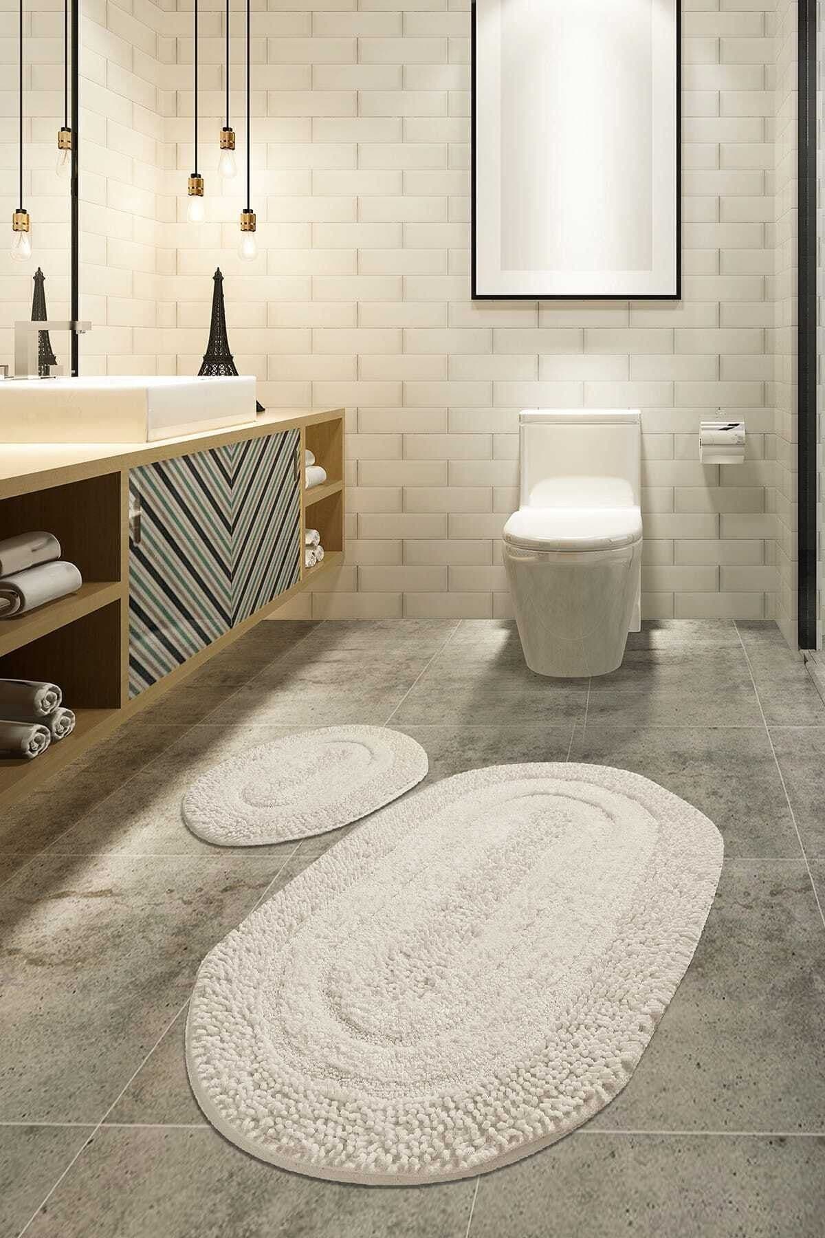 Chilai Home Macoroni Ekru 2'li Set Banyo Halısı, Paspası %100 Doğal Pamuklu Cotton Bpmk
