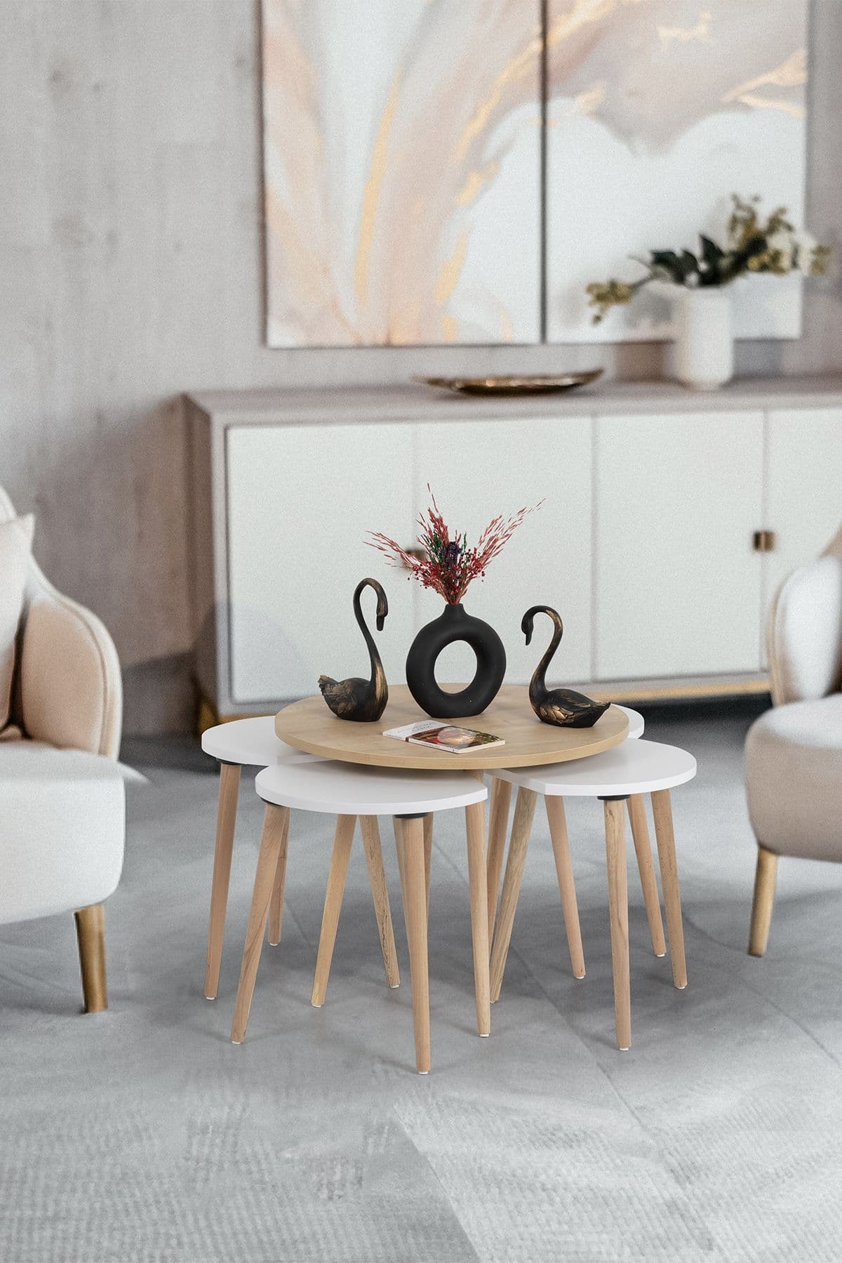 FLORADESİGN Orta Sehpa / Sehpa Seti / Sehpa Takımı / 5 Parça / Flora Pissa (MEŞE-BEYAZ)