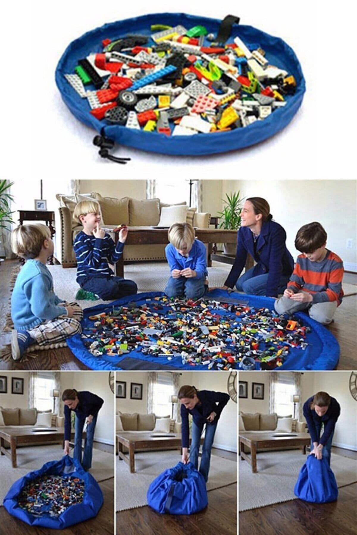 Bundera Çocuk Oyuncak Hurcu Çanta Oyun Halısı Puzzle ve Yapboz Eğitici Oyuncaklar Sepeti Mavi