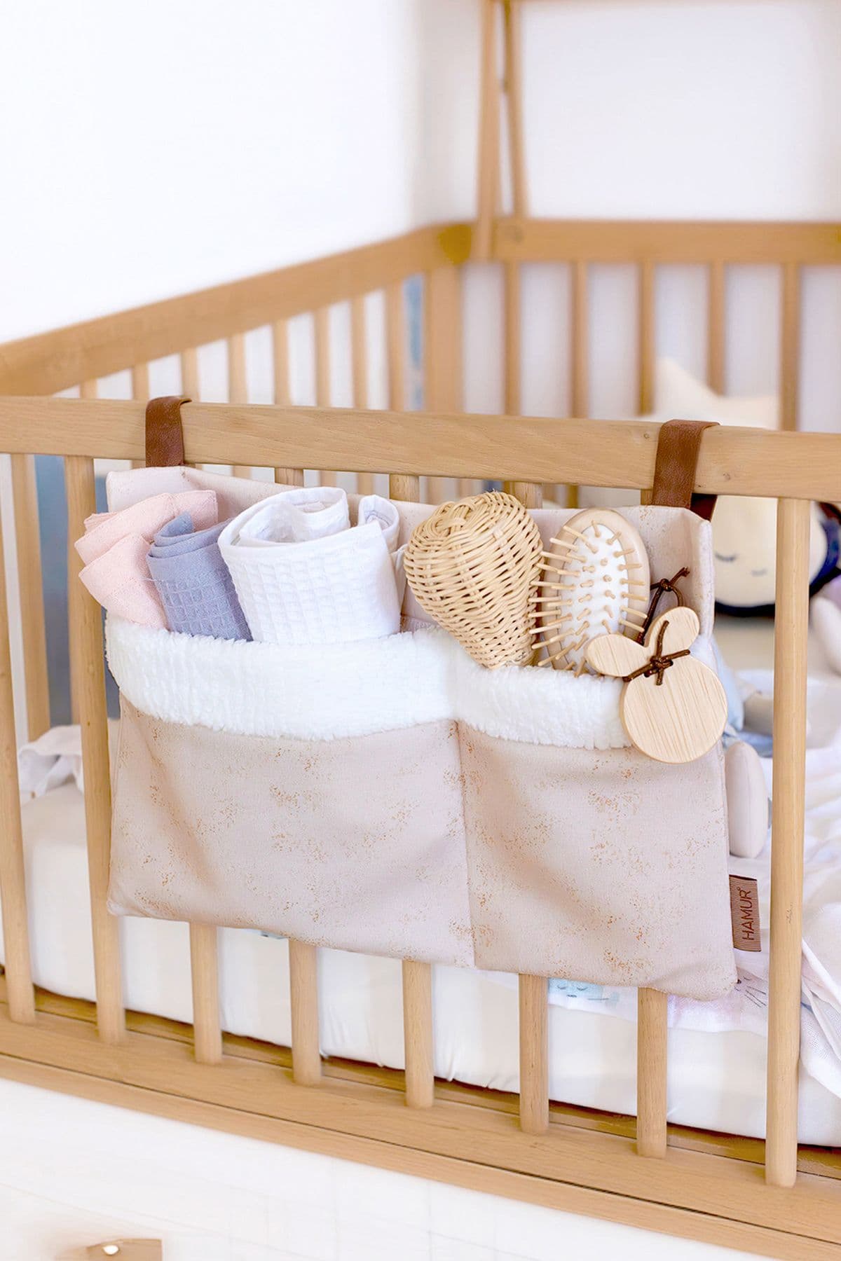 HAMUR Pratik Askılı Organizer Bebek Arabası Beşik Kenar Fluffy Organizer Solid Bej