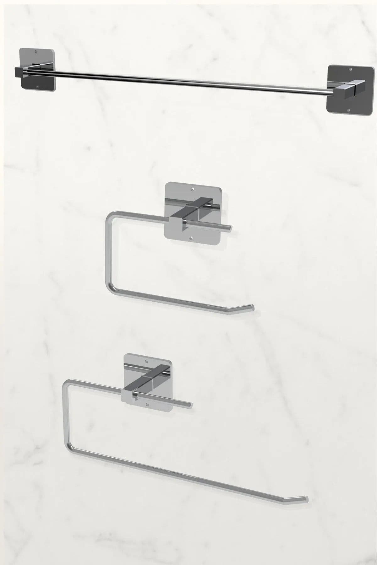 ALSİ HOME Yapışkanlı Gümüş Krom Rulo Havluluk ve Uzun Havluluk Wc Kağıtlık Banyo Mutfak 3'lü Set