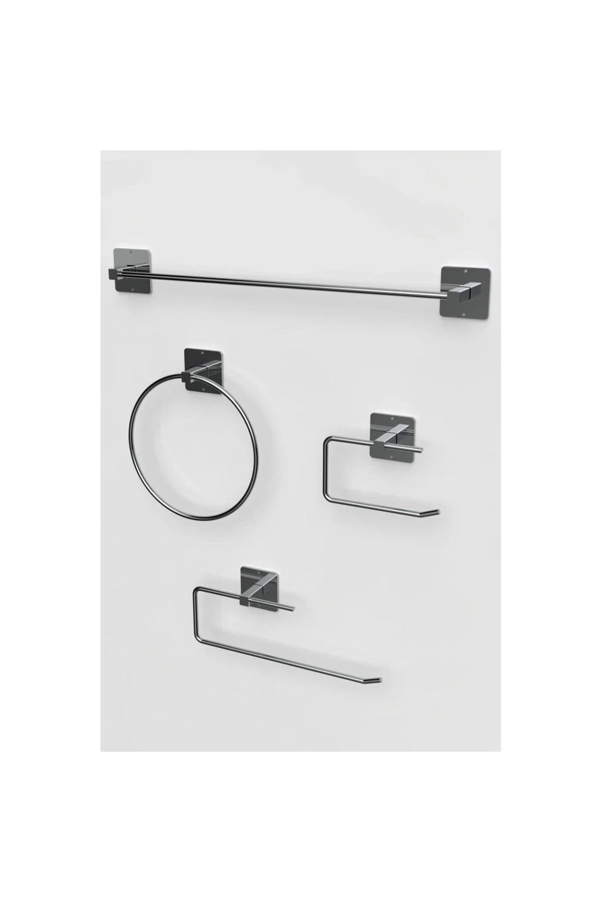 ALSİ HOME Yapışkanlı Gümüş Krom Rulo ve Uzun Havluluk Wc Kağıtlık ve Yuvarlak Havluluk Banyo Mutfak 4'lü Set