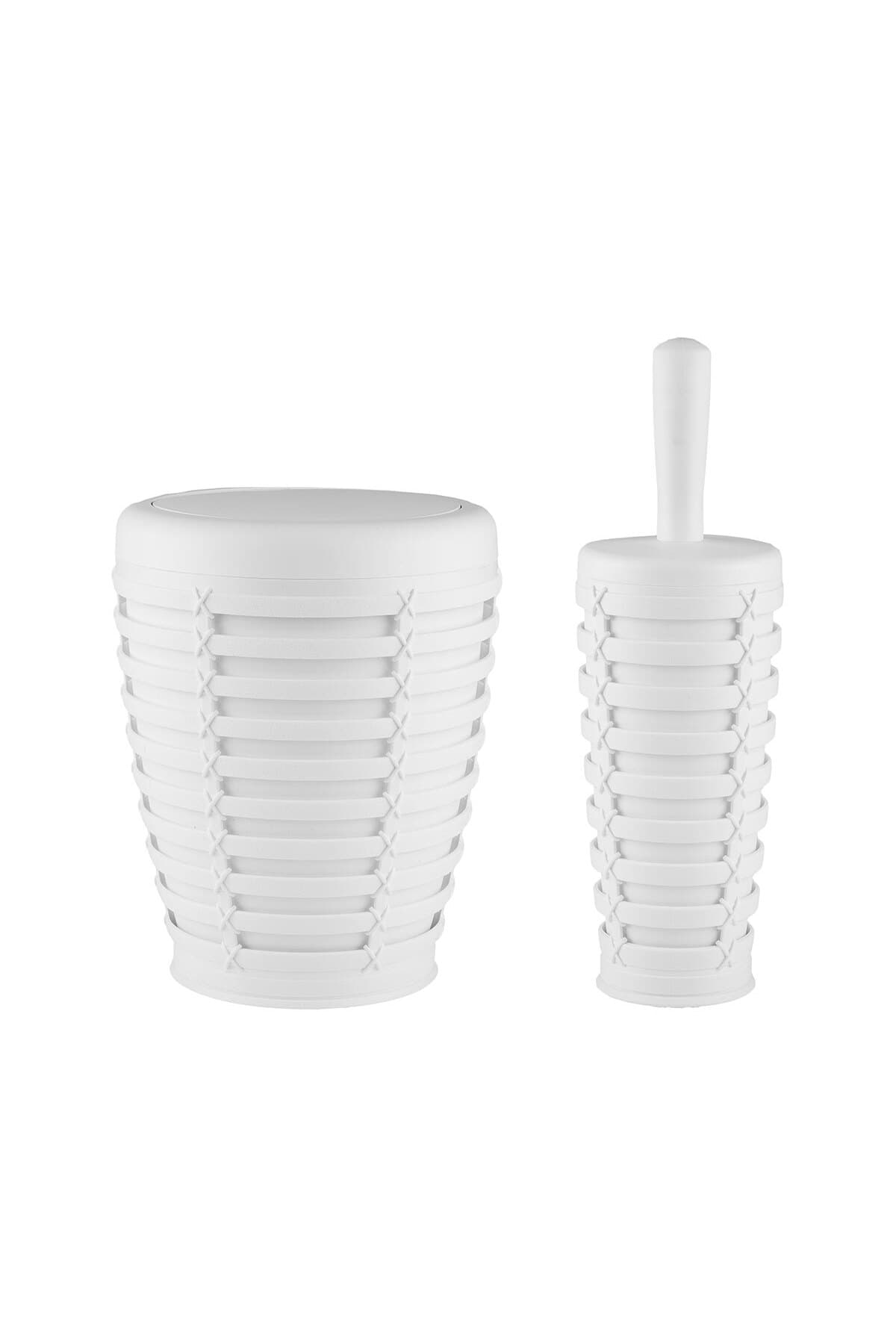 Prima Nova Palm 2'li Banyo Seti Çöp Kovası + Tuvalet Fırçası - Beyaz