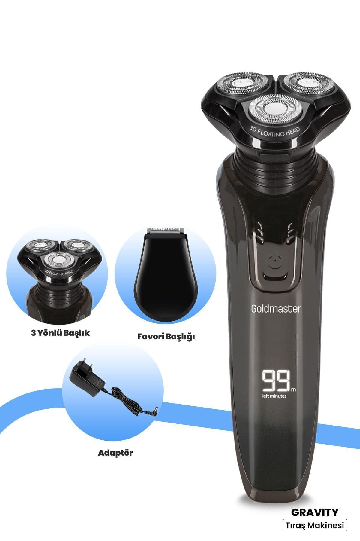 GoldMaster Gravity Led Ekranlı 2in1 Islak Kuru Ipx7 Su Geçirmez Esnek Oynar Başlıklı Tıraş Makinesi