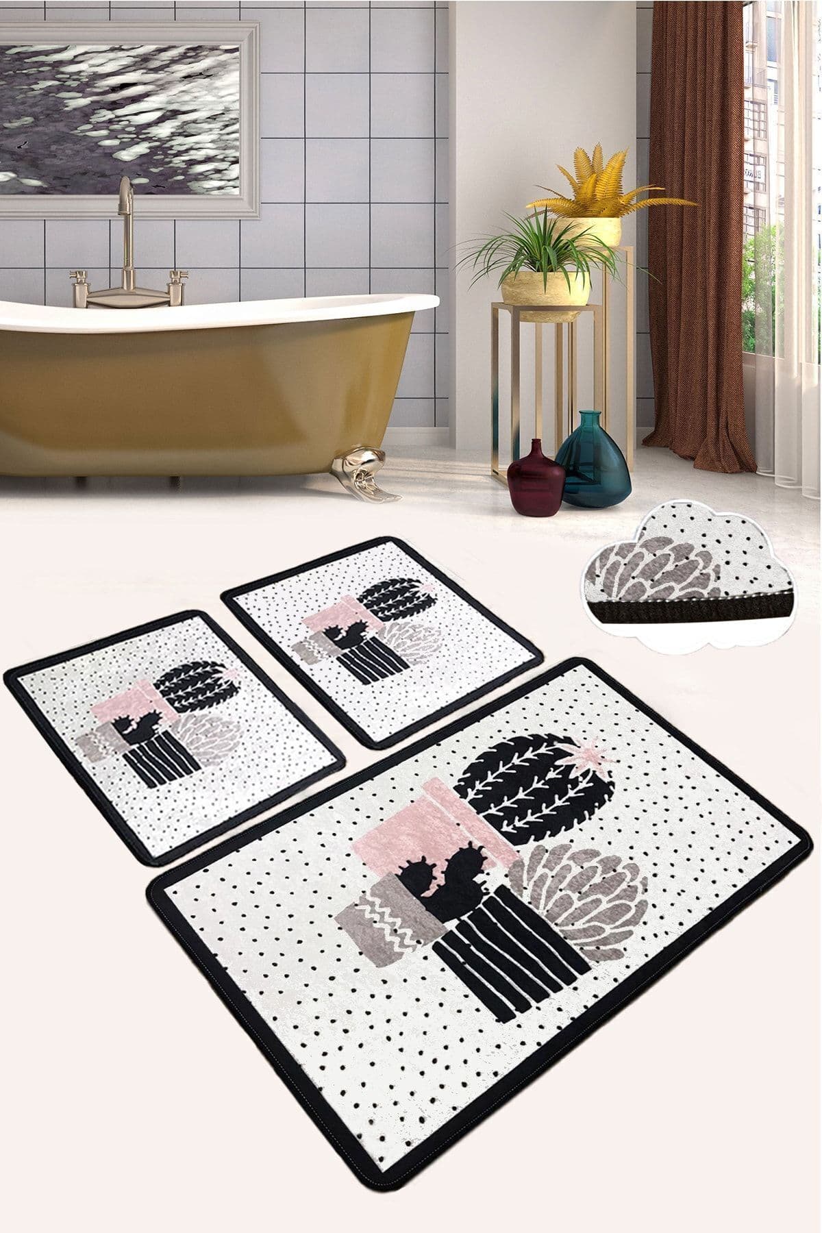Chilai Home Three Cactus 3'lü Set Banyo Halısı Paspas Kaymaz Taban Yıkanabilir Klozet Takımı