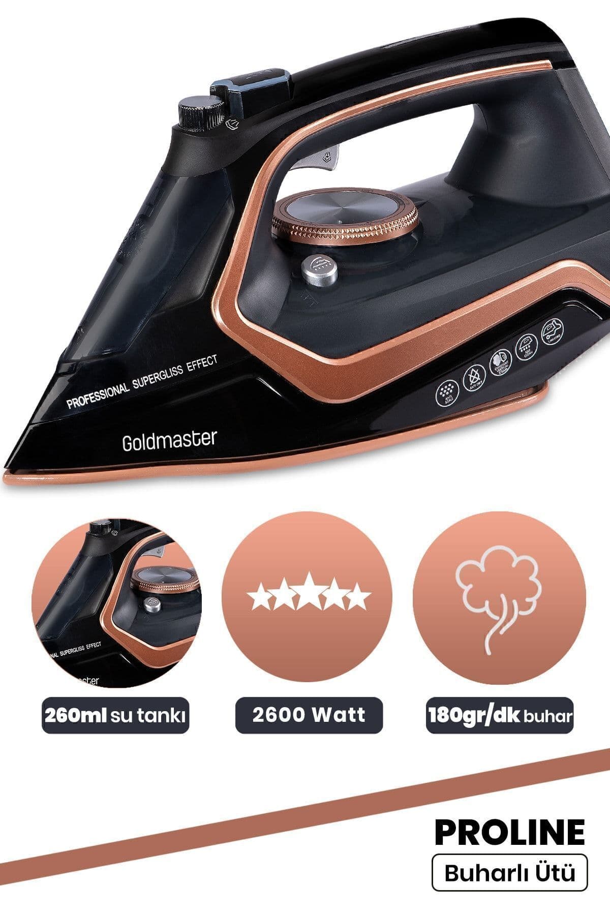 GoldMaster Proline 2600 Watt Seramik Tabanlı Damlama Ve Kireç Önlemeli 180 gr Etkili Şok Buharlı Ütü