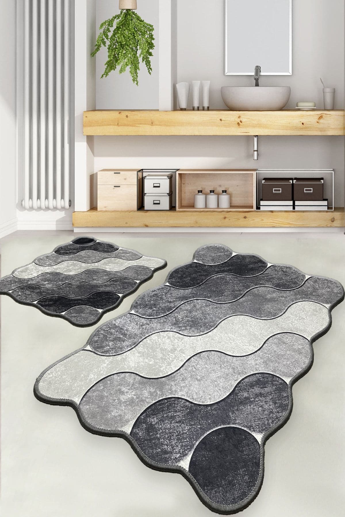 Chilai Home Circle Gri 60x100 50x60 Kaydırmaz Tabanlı 2'li Banyo Paspas Seti Takımı