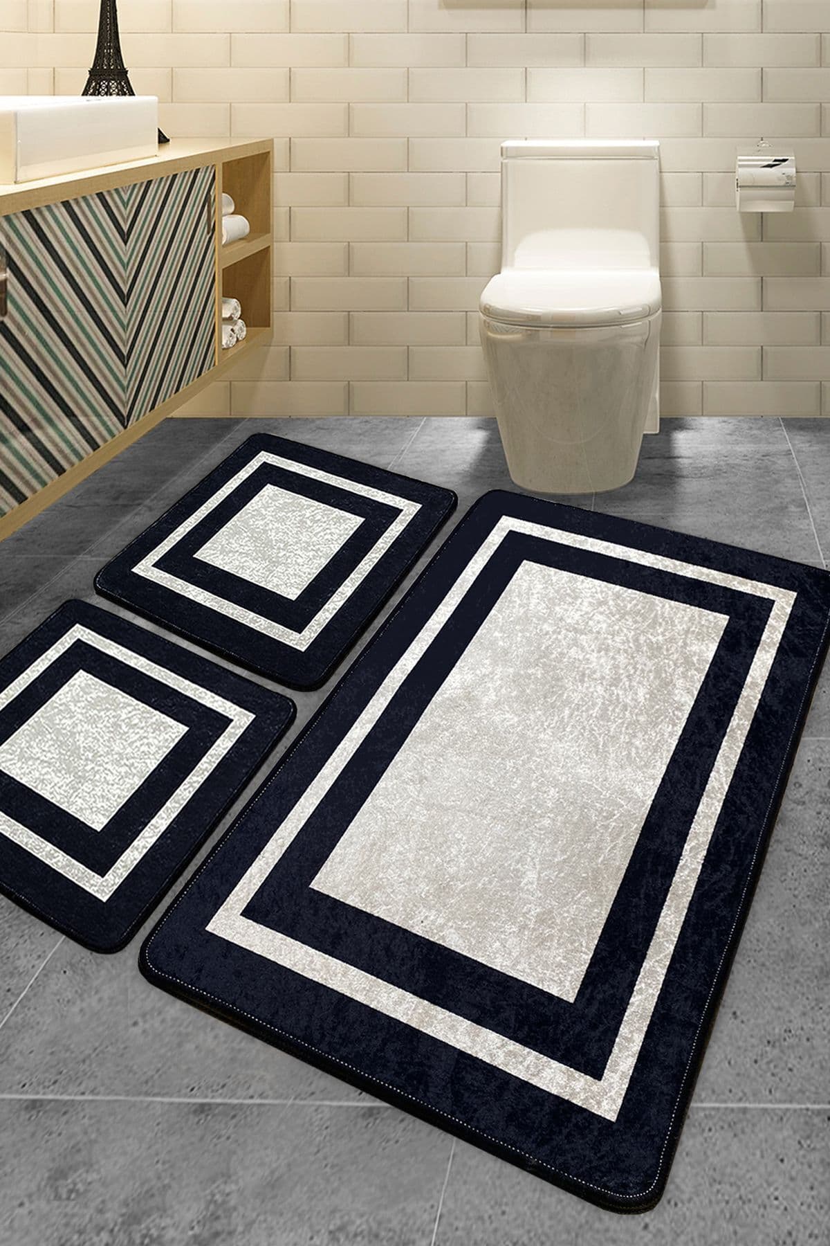Chilai Home Black Frame 3'lü Set Banyo Halısı banyo