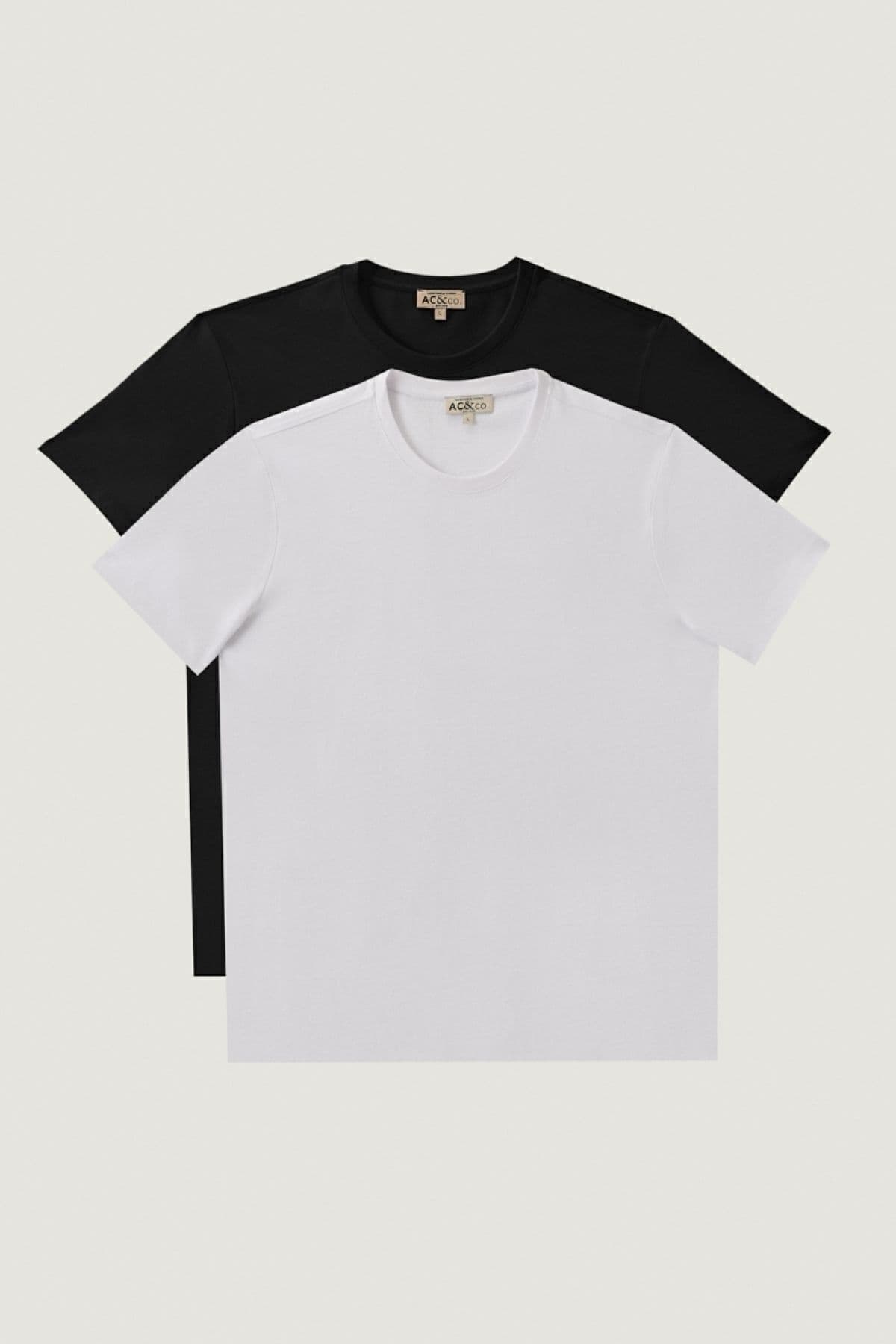 AC&Co / Altınyıldız Classics Erkek Siyah-beyaz Slim Fit Dar Kesim Bisiklet Yaka %100 Pamuk 2'li Tişört Paketi