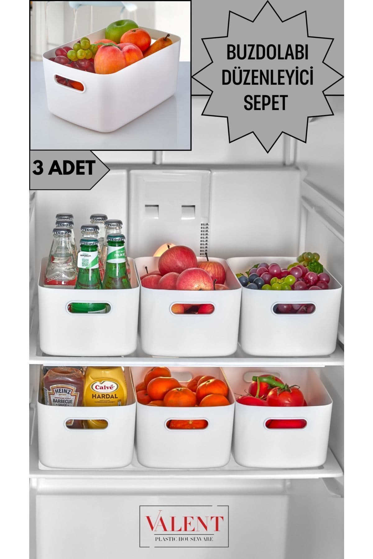 VALENT 3'lü Mocha 3.5 Lt Basic Dolap Içi, Buzdolabı Düzenleyici, Banyo Organizeri Sepet