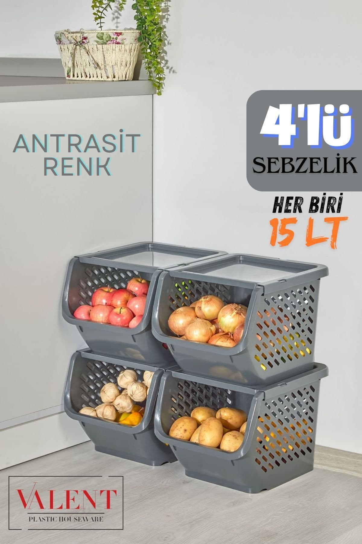 VALENT 4'lü Patates & Soğanlık, Kapaklı Katlı Sebzelik, Oyuncak Sepeti, Banyo Büyük Düzenleyici ANTRASIT