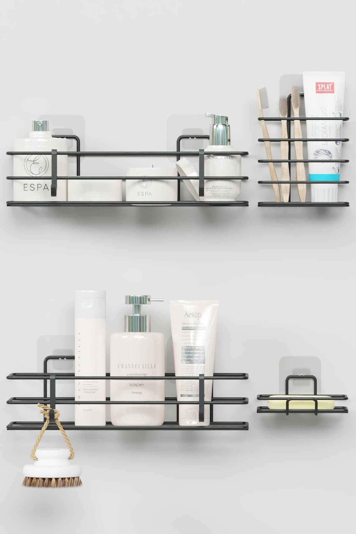 zabata Yapışkanlı Banyo Seti Duş Rafı + Sabunluk + Diş Fırçalık Metal Set