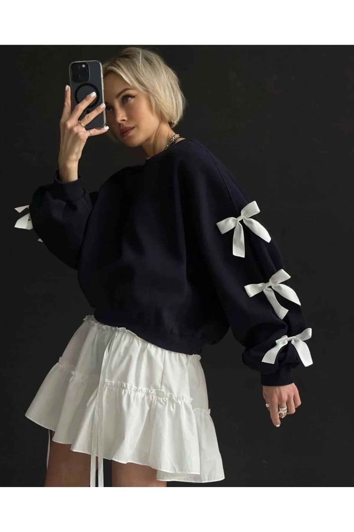 NATUFIAN STORE Kadın Lacivert Kurdele Aplikeli Oversize Sweatshirt