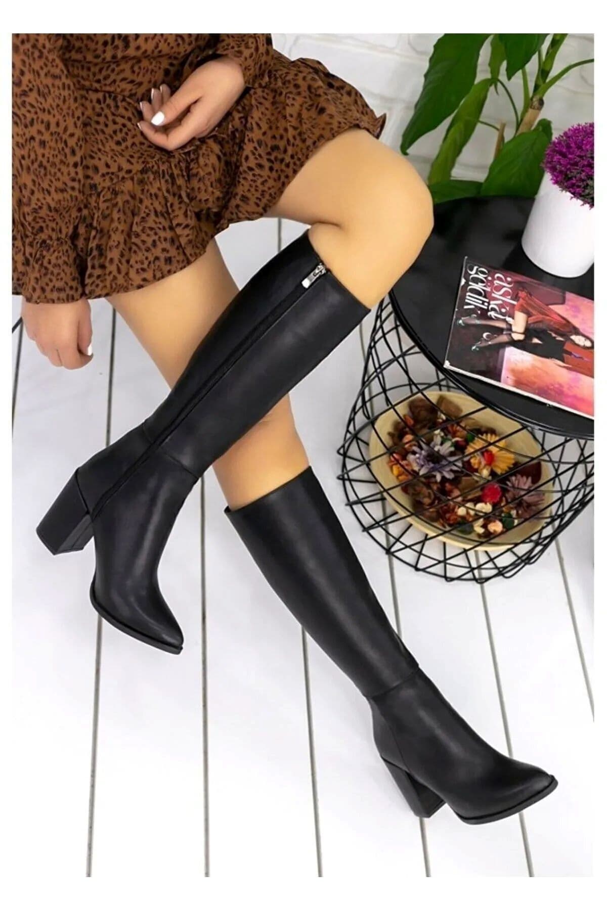 LİMA SHOES Kadın Topuklu Uzun Çizme Kadın Siyah Fermuarlı Diz Altı Boy Topuklu Çizme . Taım