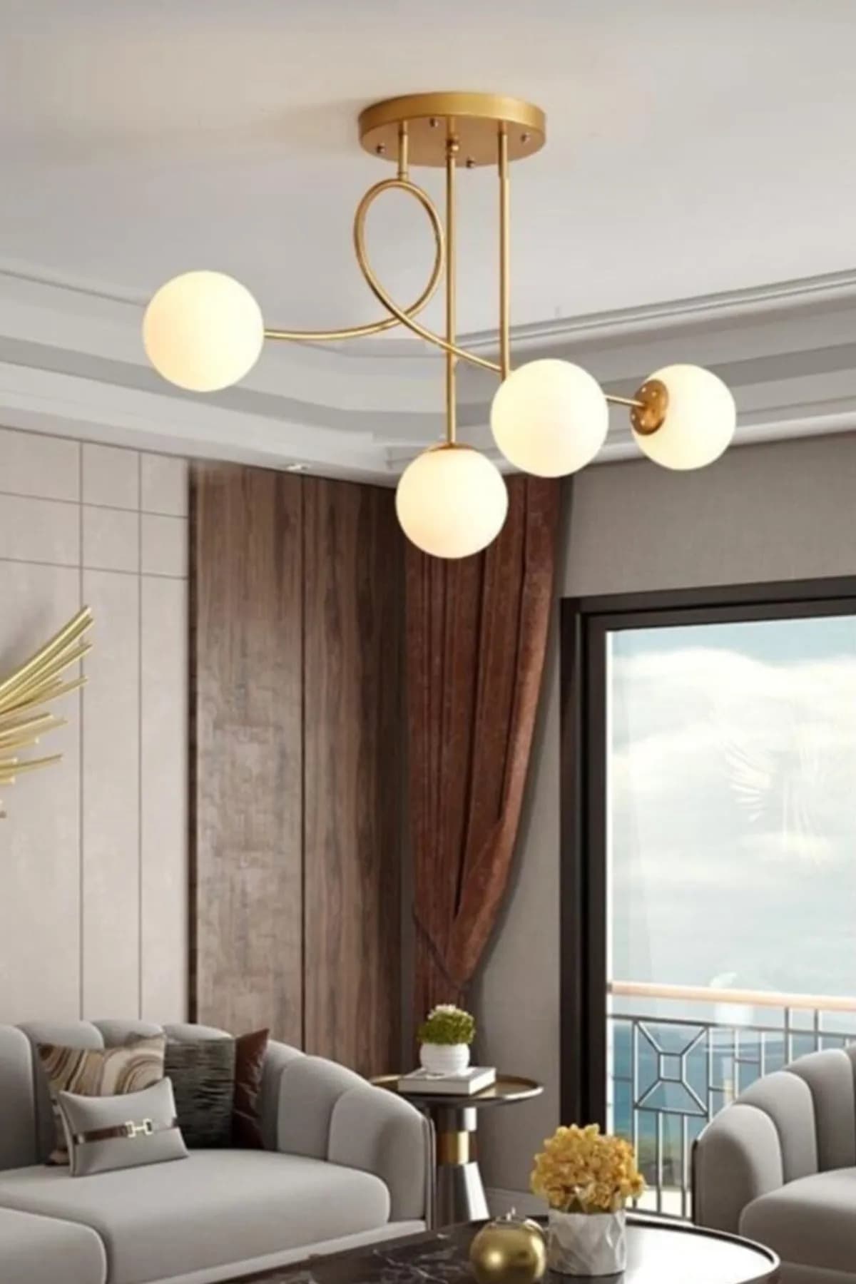 Ömür Avize Eva Modern Mat Gold Kasa Beyaz Camlı Dörtlü Avize